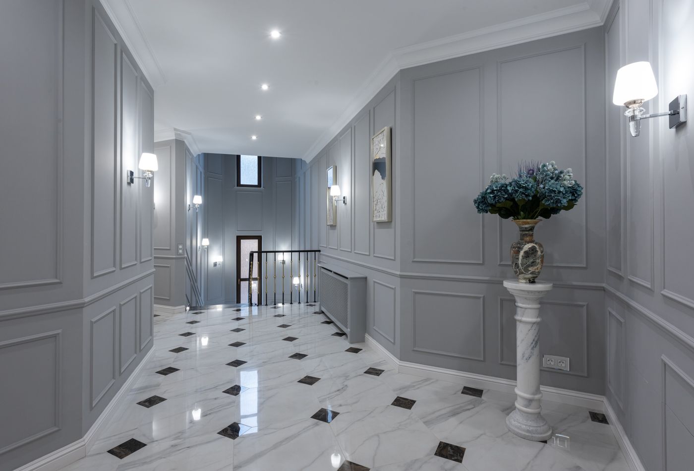 Classic villa hallway with polished marble flooring