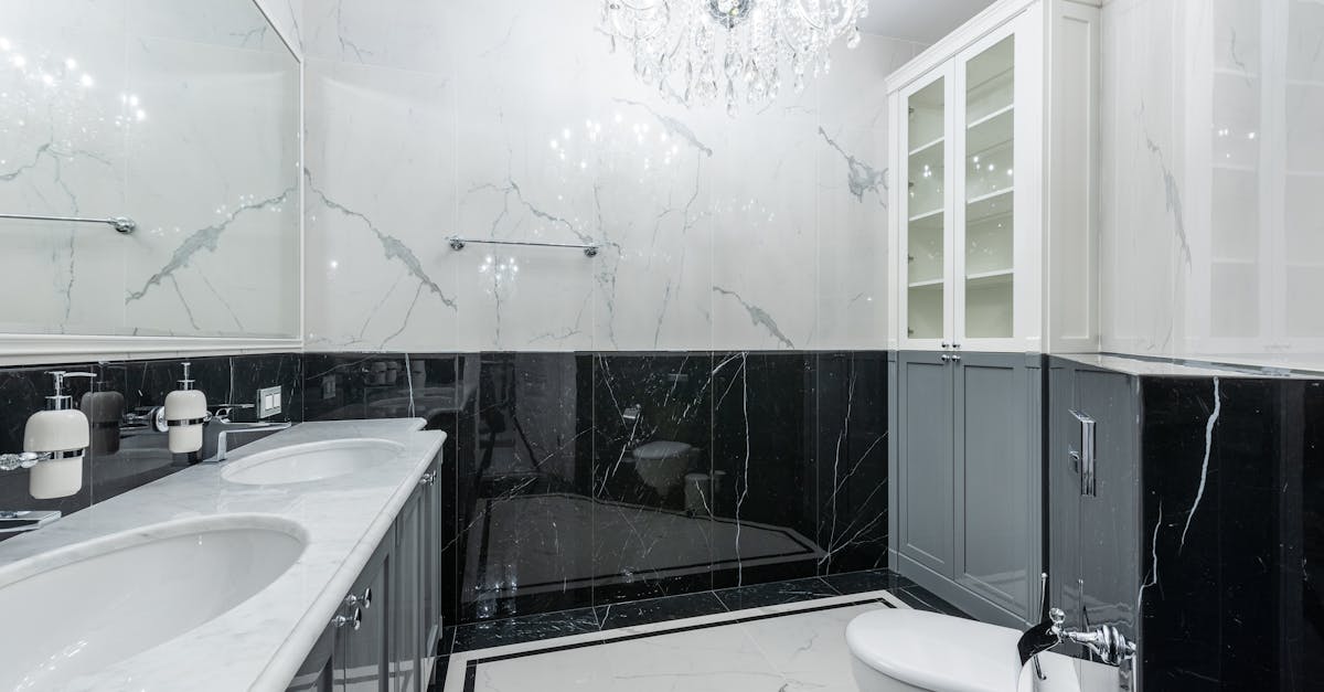 Contemporary bathroom with shelves and marble walls
