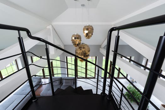 Modern loft interior featuring stylish pendant lighting and open staircase design.