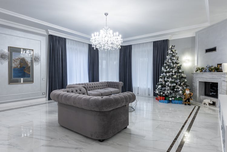 Spacious Living Room With Christmas Tree