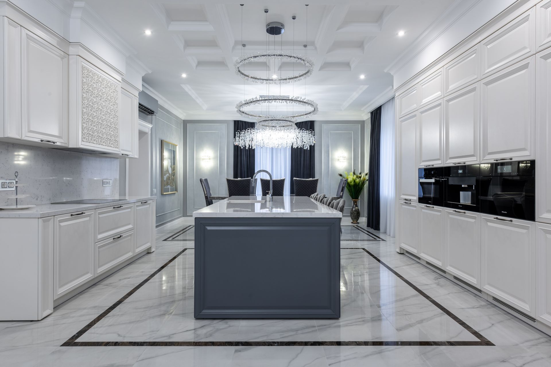 Modern kitchen with porcelain tile floor