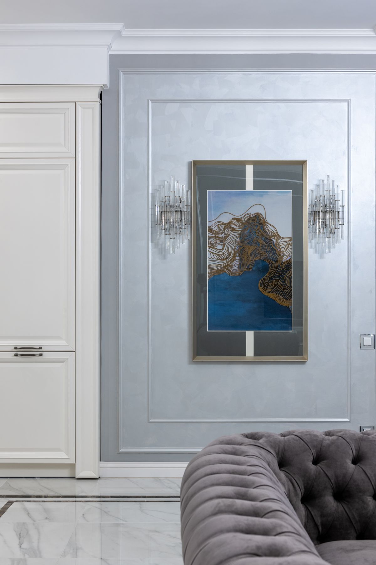 Installed peel-and-stick wallpaper on a living-room accent wall.