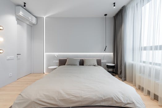 Spacious minimalist bedroom featuring a modern design with ample natural light and cozy decor.