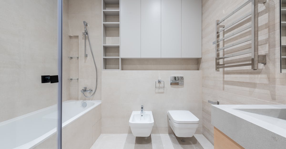 Interior of modern light bathroom with toilet and bidet next to bathtub and sink