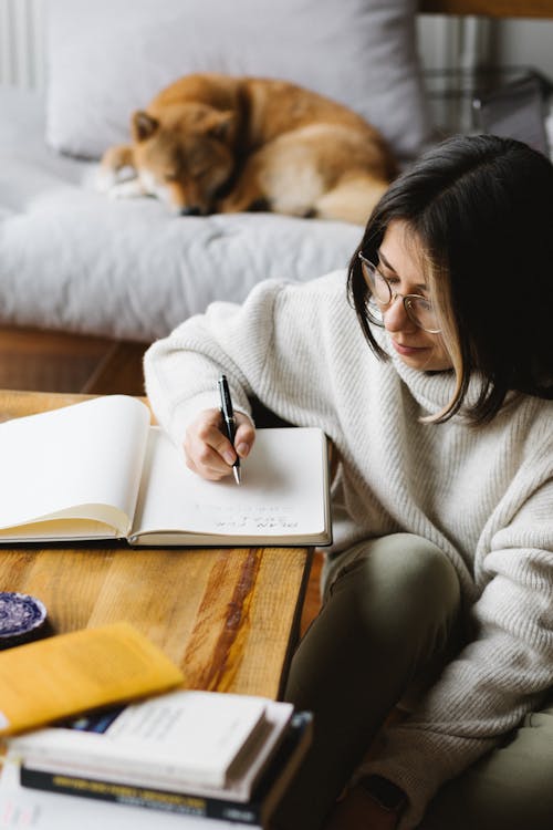 Free From above of young concentrated female in casual clothes and eyeglasses sitting on floor and taking notes in diary near adorable Akita Inu dog sleeping on cozy sofa Stock Photo