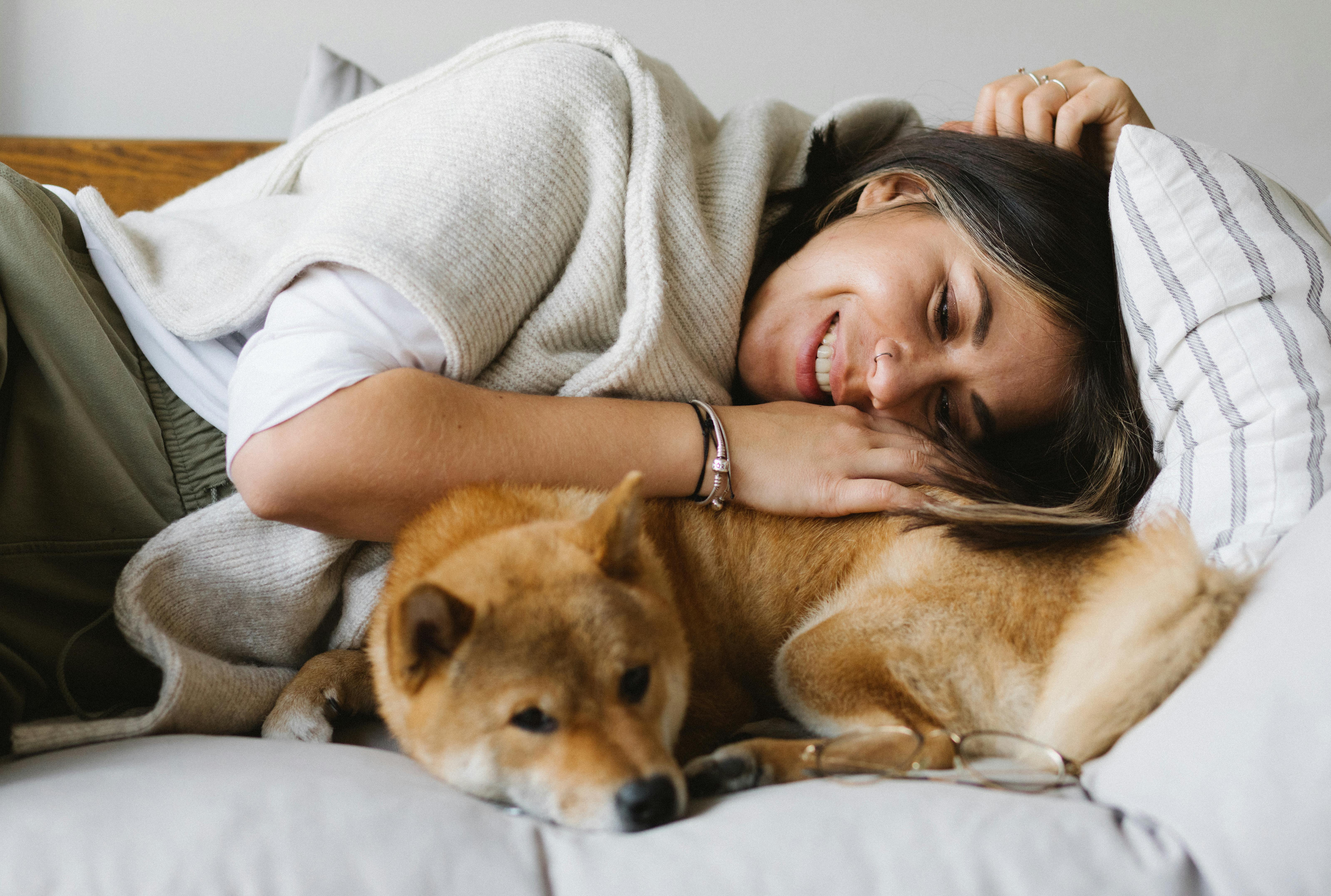 happy woman lying on sofa with cute purebred dog