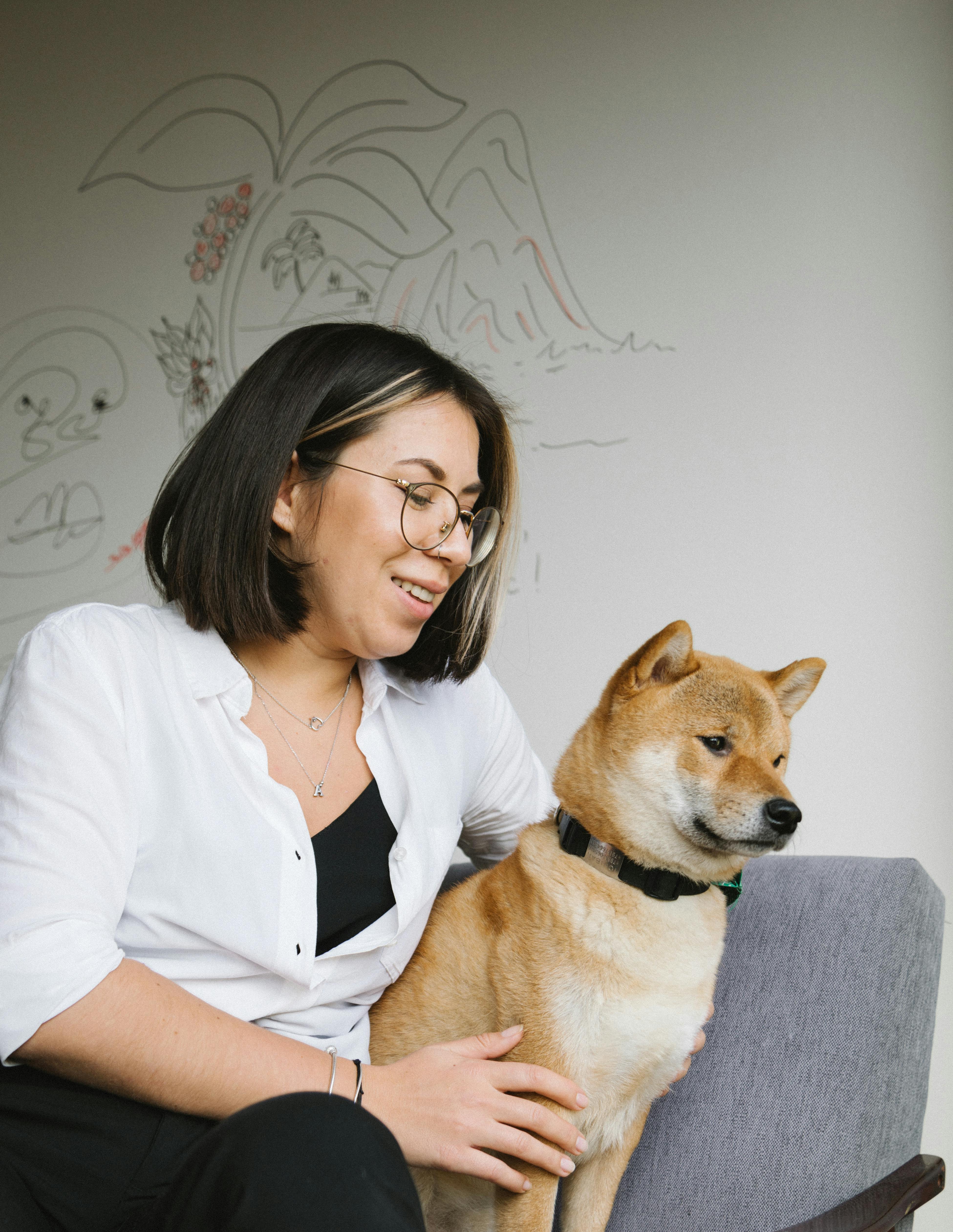 Happy Woman Hugging Cute Shiba Inu Dog On Chair Free Stock Photo