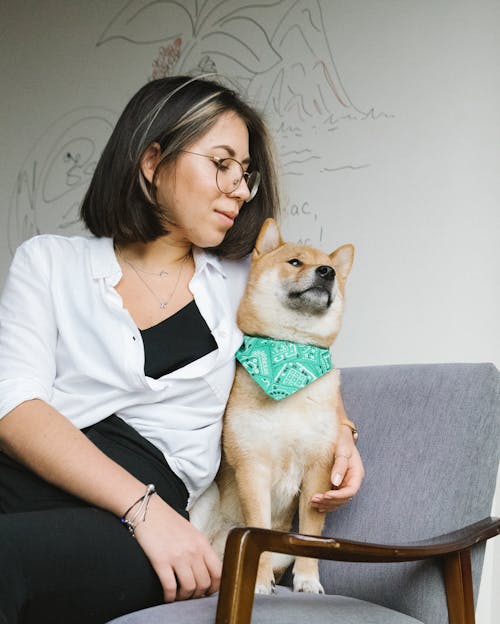 Free Content woman hugging cute dog on armchair Stock Photo