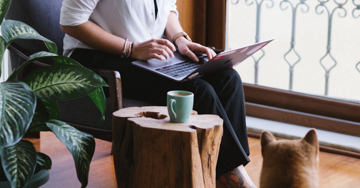 Focused young female wearing casual outfit and eyeglasses browsing netbook near cute Shiba Inu dog