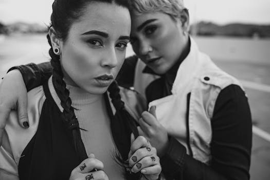 Close-up black and white image of two young women embracing, showcasing style and friendship.