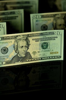 A close-up view of a 20-dollar bill reflecting on a dark surface, highlighting financial themes.