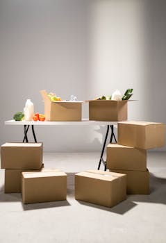 Cardboard boxes filled with assorted groceries on a white folding table indoors.