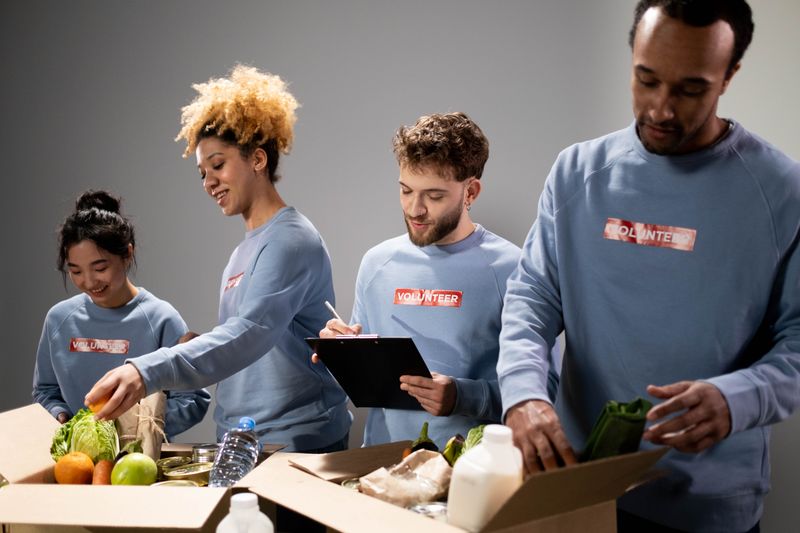 Volunteers packing food donations at a community drive