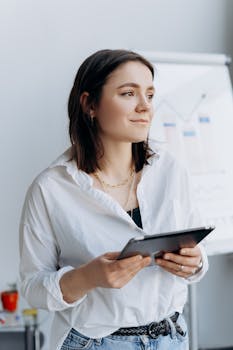 A woman in business attire holding a tablet in a modern office setting.