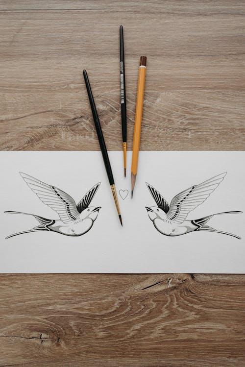 A Drawing of Birds on White Paper near Set of Brush and a Pencil on Wooden Surface