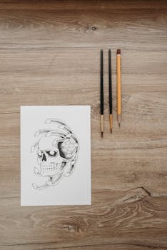 Creative skull sketch with drawing tools on a wooden surface, perfect for art and design themes.