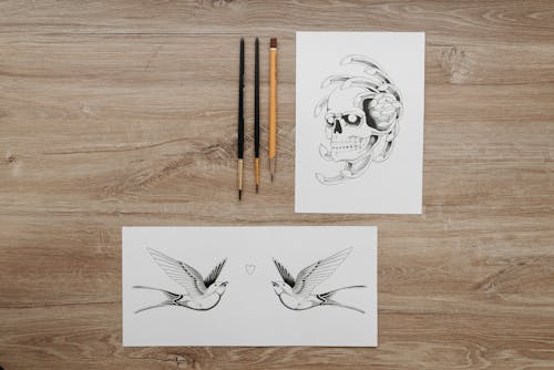 Drawings of a Skull and Swallows