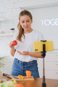 Young woman demonstrates cooking in the kitchen using smartphone for live streaming.