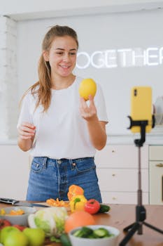 A woman records a cooking video in a bright kitchen using a smartphone.