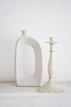 A minimalist composition of a ceramic vase and vintage candlestick against a white background, embodying simplicity and elegance.