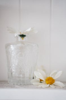 Delicate daisies accompany an intricately designed glass vase, embodying purity and simplicity.
