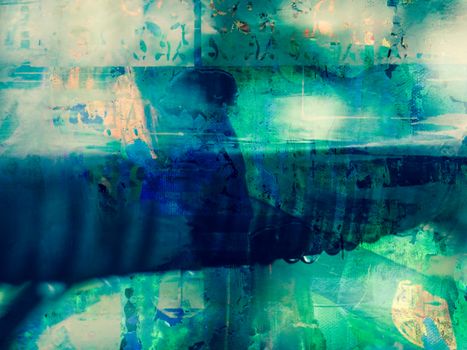 Abstract art with vibrant blue and green textures and layered patterns