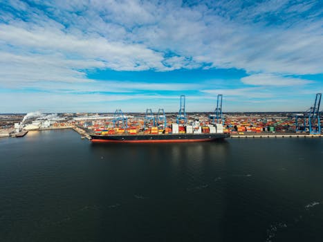 High angle of cargo ship moored in modern industrial port under blue cloudy sky in daylight