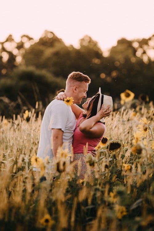 Free Side view smiling young couple wearing casual summer clothes hugging gently and looking at each other with tenderness while standing on verdant sunflower field in tranquil countryside Stock Photo