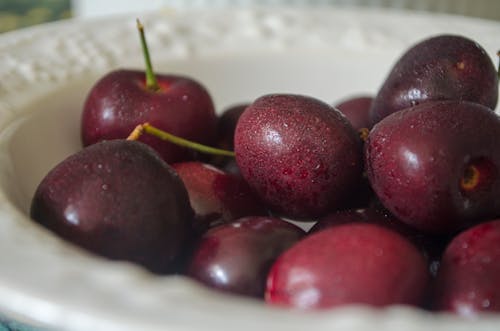 Free stock photo of cherries, white bowl