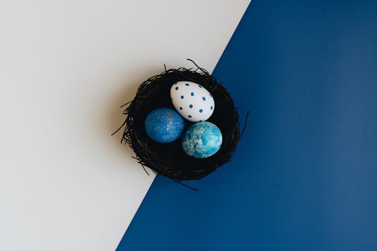 Blue And White Eggs On Blue And White Background 