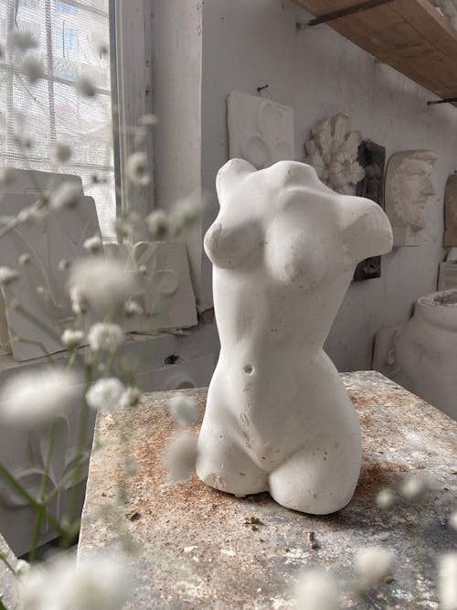 Free White clay sculpture of female torso placed on messy wooden desk in modern workshop with decorations and branch of plant Stock Photo