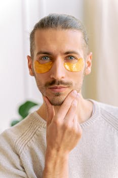 Close-up of a young man wearing under eye patches for skincare indoors.
