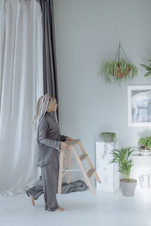Free Side view of African woman with braided hair arranging plants indoors, creating a serene atmosphere. Stock Photo