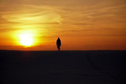 Silhouette of a Person Walking on the Sand during Sunset