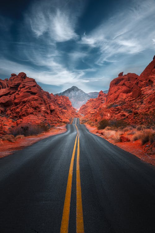 Road in Desert Landscape on Sunset