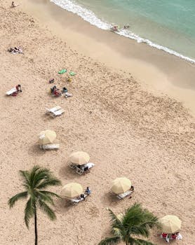 Aerial shot of a sandy tropical beach with umbrellas and people relaxing near the ocean.