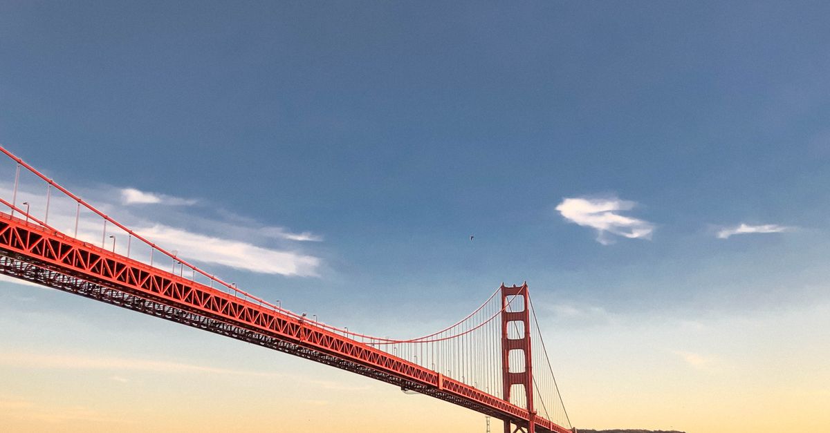 Golden Gate Bridge over the bay at sunset.
