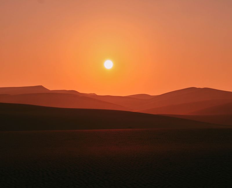 A panoramic view of the Sahara Desert at sunset