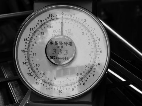 Retro round scale with precision markings and numbers in black and white.