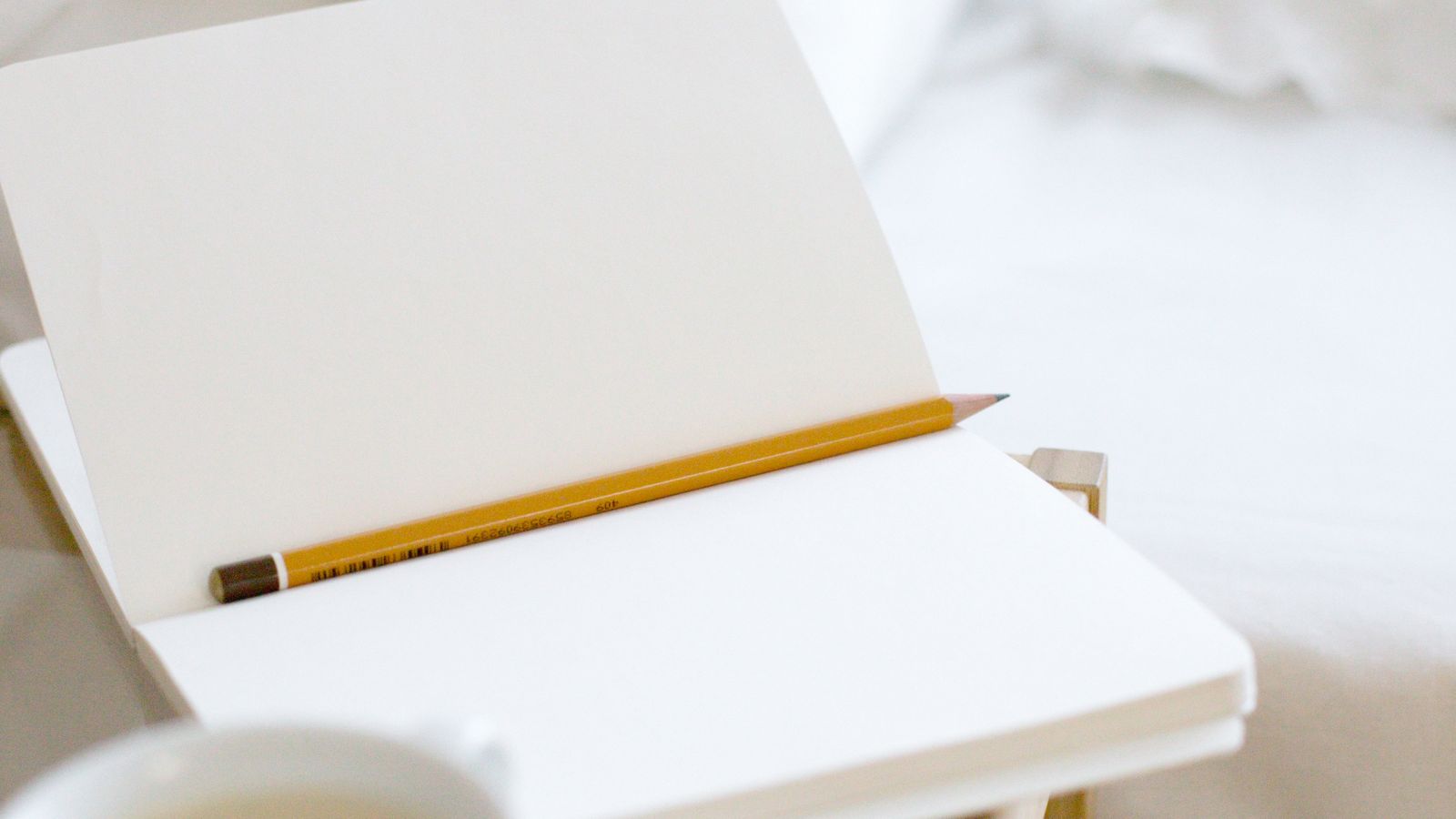 An open blank notebook with a pencil across the pages