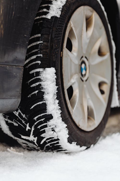 Car Wheel on a Snow Covered Road 