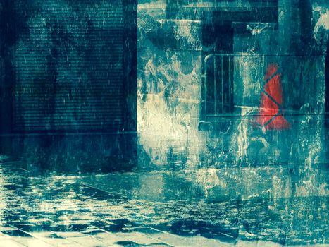 Vintage style rainy street view featuring a vivid orange traffic cone.