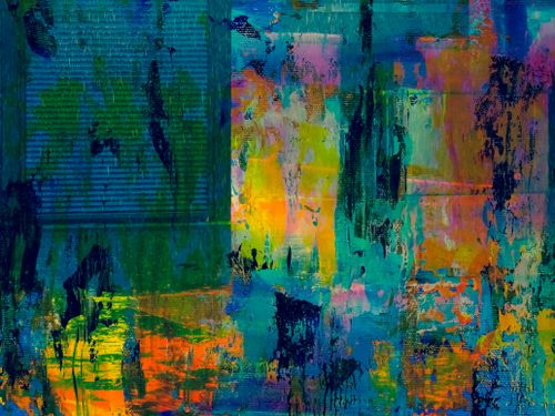 Free A vivid and colorful abstract painting featuring a blend of vibrant hues, texture, and expressive brush strokes. Stock Photo