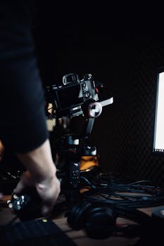 A professional digital camera on a tripod in a dark studio setting, capturing creative photography.