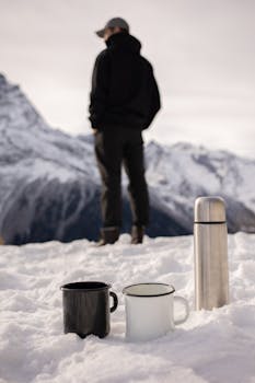 A person stands in snow-covered mountains, with mugs and a thermos in the foreground, embodying winter adventure.