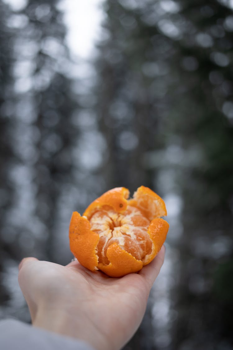 A Peeled Mandarin Orange On Person's Hand