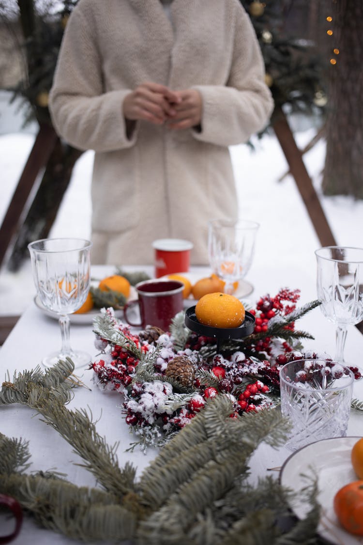 Decorated Christmas Table In A Winter Garden