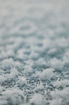 Detailed shot of intricate frost patterns on a cold, snowy winter day.