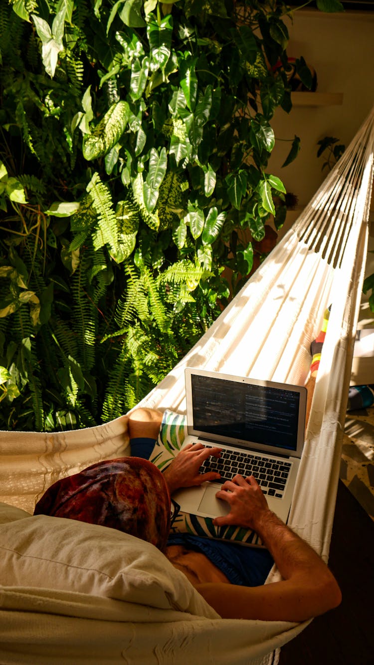 Person Lying On Hammock Using Laptop