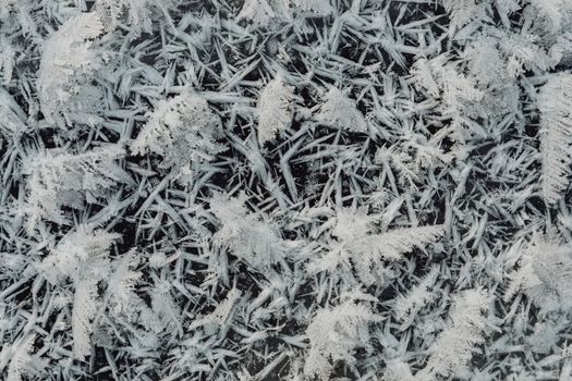 Detailed close-up of frost and ice formations on glass with a winter theme.